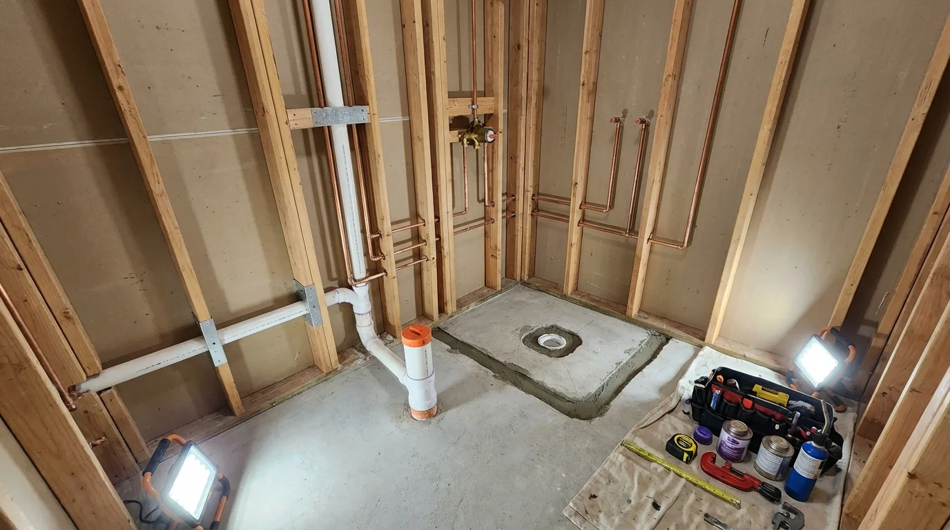 Bathroom rough-in plumbing during remodel by Johns Plumbing LLC in Suquamish