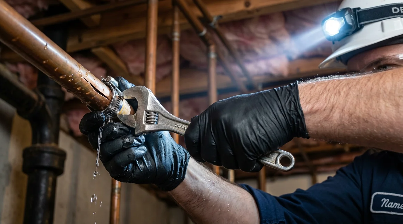 Emergency pipe clamp repair being performed by a Johns Plumbing LLC plumber in Suquamish