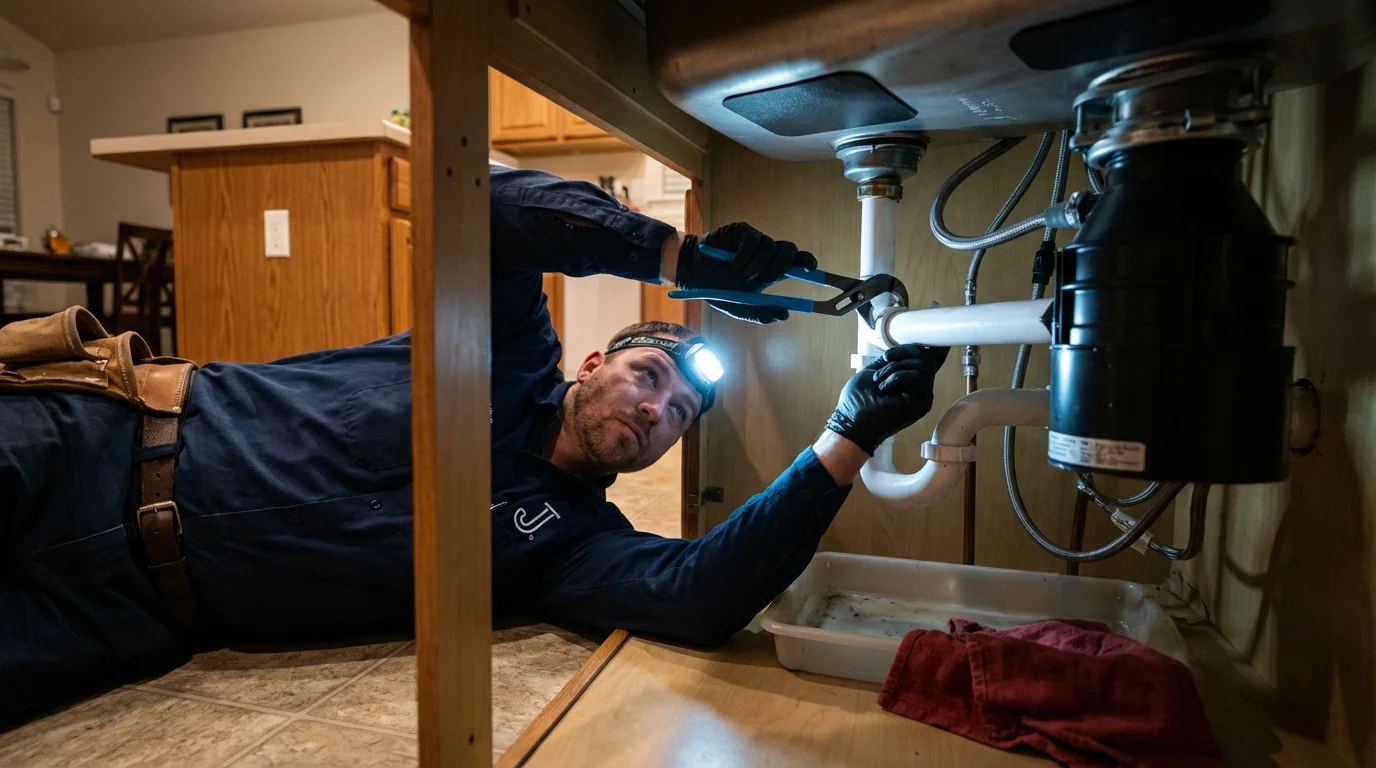 P-trap and supply line connections under a kitchen sink showing a common leak point in Suquamish, WA